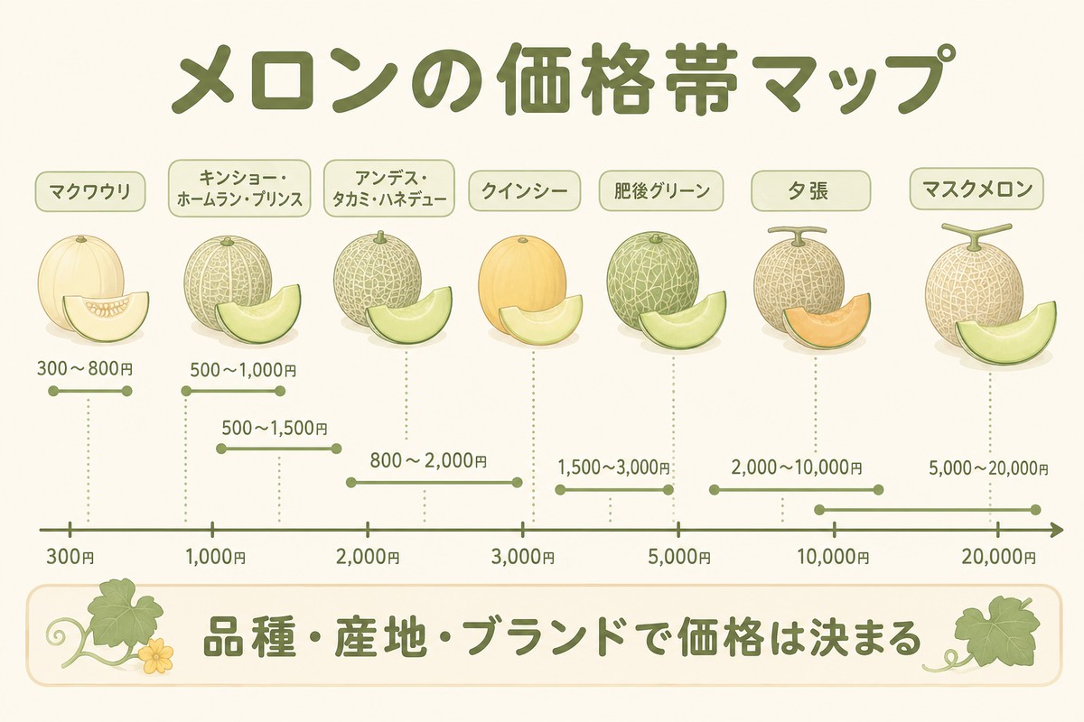 メロンの価格帯マップ マクワウリ300〜800円／キンショー・ホームラン・プリンス500〜1,000円／アンデス・タカミ・ハネデュー500〜1,500円／クインシー800〜2,000円／肥後グリーン1,500〜3,000円／夕張2,000〜10,000円／マスクメロン5,000〜20,000円 品種・産地・ブランドで価格は決まる
