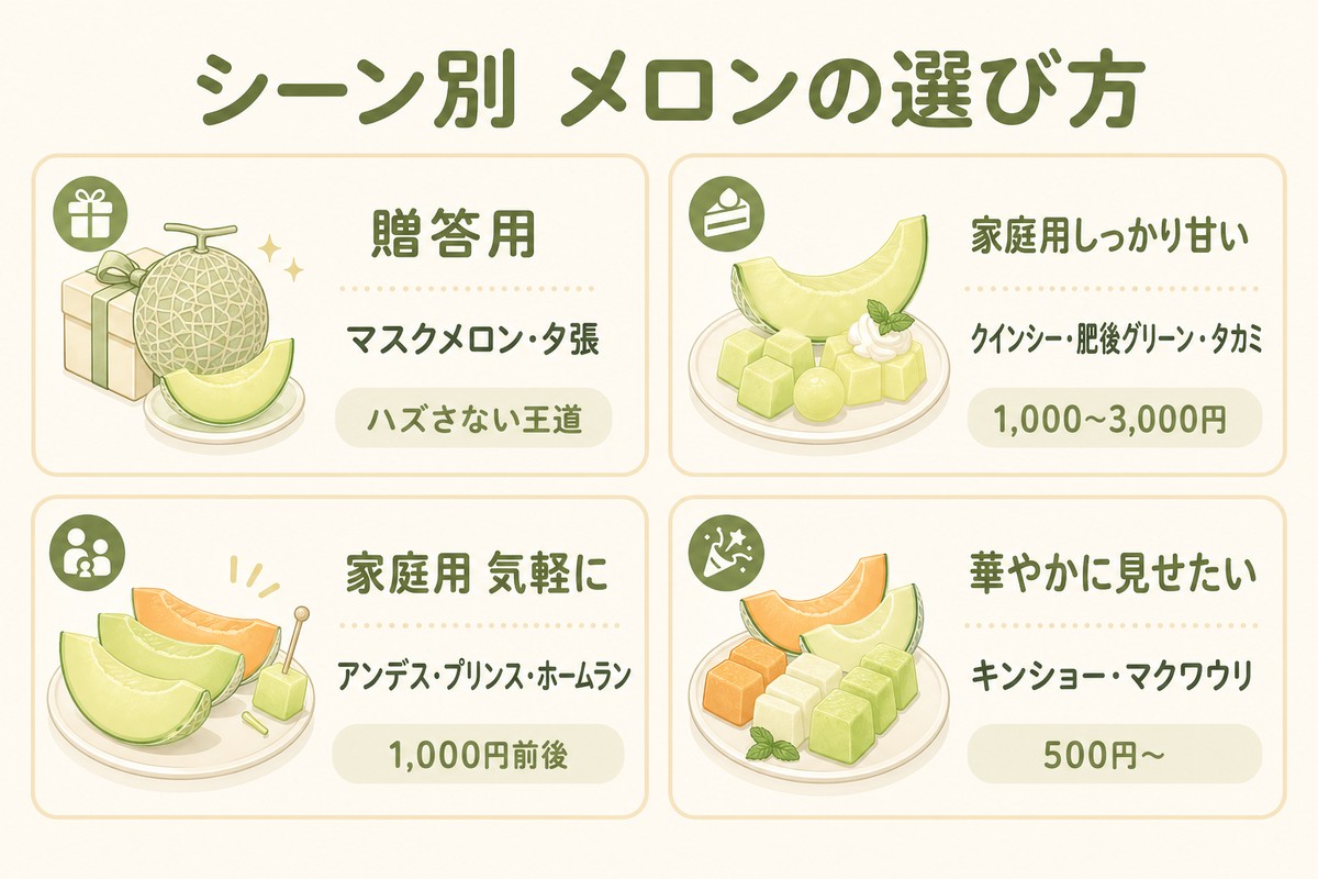 シーン別メロンの選び方 贈答用：マスクメロン・夕張（ハズさない王道）／家庭用しっかり甘い：クインシー・肥後グリーン・タカミ（1,000〜3,000円）／家庭用気軽に：アンデス・プリンス・ホームラン（1,000円前後）／華やかに見せたい：キンショー・マクワウリ（500円〜）