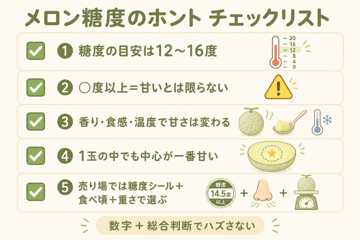 メロン糖度のホント チェックリスト ①糖度の目安は12〜16度 ②○度以上＝甘いとは限らない ③香り・食感・温度で甘さは変わる ④1玉の中でも中心が一番甘い ⑤売り場では糖度シール＋食べ頃＋重さで選ぶ 数字＋総合判断でハズさない