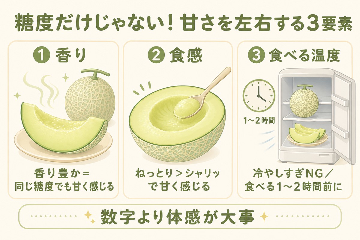 糖度だけじゃない 甘さを左右する3要素 ①香り（豊か＝同じ糖度でも甘く感じる）②食感（ねっとり＞シャリッで甘く感じる）③食べる温度（冷やしすぎNG／食べる1〜2時間前に） 数字より体感が大事
