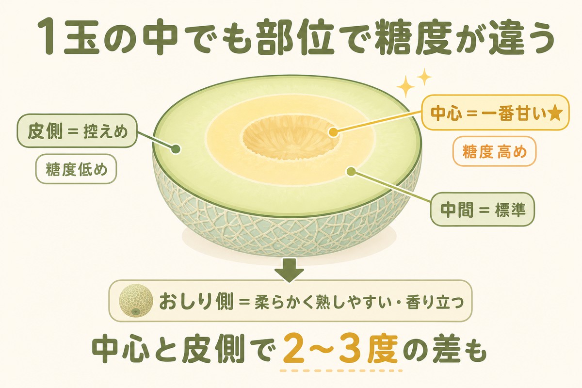 1玉の中でも部位で糖度が違う 中心＝一番甘い★（糖度高め）／中間＝標準／皮側＝控えめ（糖度低め） おしり側＝柔らかく熟しやすい・香り立つ 中心と皮側で2〜3度の差も