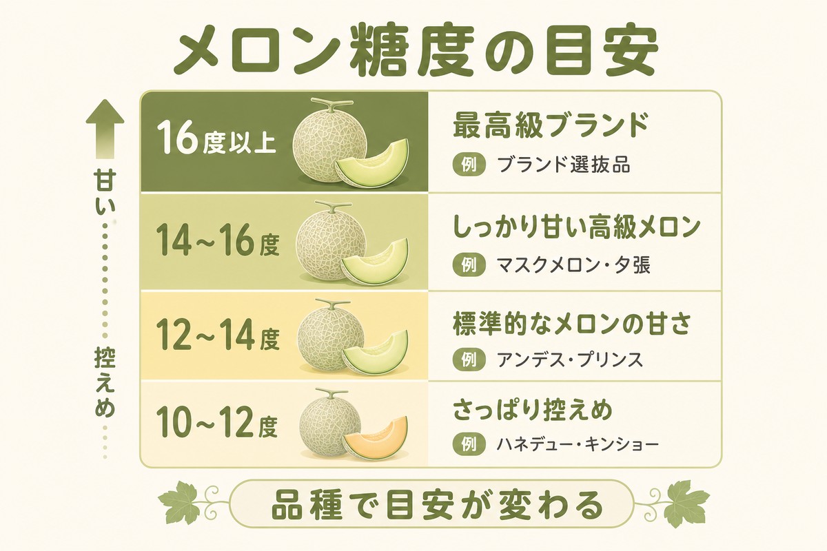 メロン糖度の目安 16度以上＝最高級ブランド／14〜16度＝しっかり甘い高級メロン（マスク・夕張）／12〜14度＝標準的なメロンの甘さ（アンデス・プリンス）／10〜12度＝さっぱり控えめ（ハネデュー・キンショー）