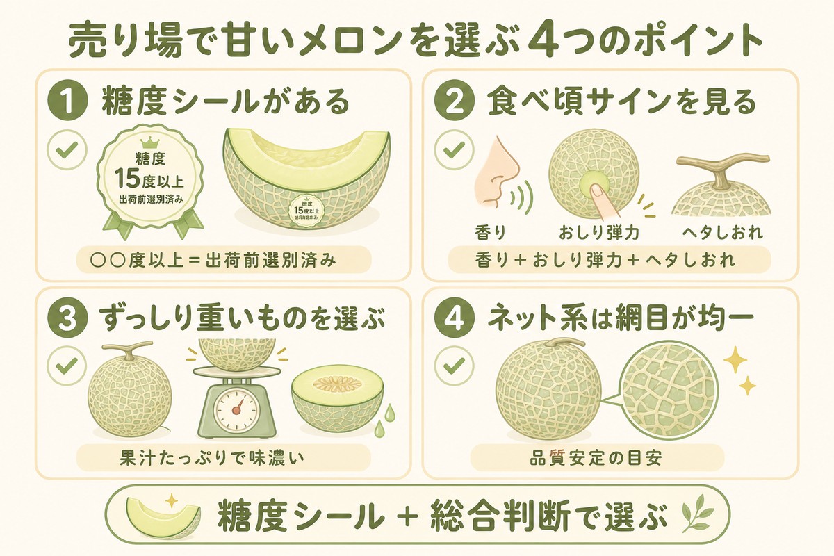 売り場で甘いメロンを選ぶ4つのポイント ①糖度シールがある（○○度以上＝出荷前選別済み）②食べ頃サインを見る（香り＋おしり弾力＋ヘタしおれ）③ずっしり重いものを選ぶ（果汁たっぷりで味濃い）④ネット系は網目が均一（品質安定の目安）