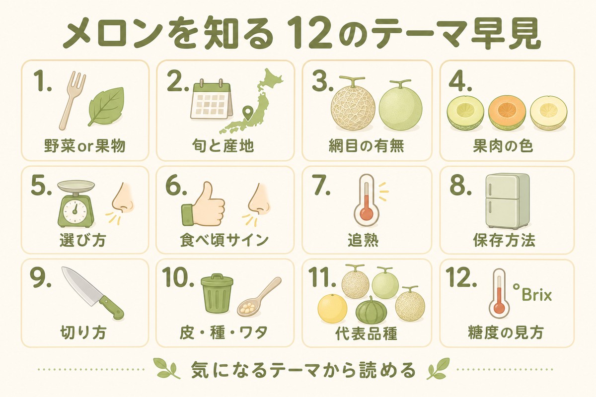 メロンを知る12のテーマ早見 ①野菜or果物 ②旬と産地 ③網目の有無 ④果肉の色 ⑤選び方 ⑥食べ頃サイン ⑦追熟 ⑧保存方法 ⑨切り方 ⑩皮・種・ワタ ⑪代表品種 ⑫糖度の見方