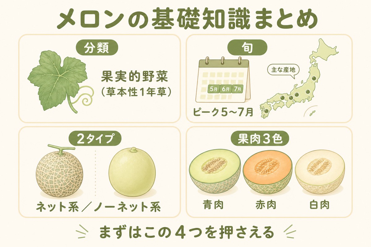 メロンの基礎知識まとめ 分類：果実的野菜（草本性1年草）／旬：ピーク5〜7月／2タイプ：ネット系・ノーネット系／果肉3色：青肉・赤肉・白肉 まずはこの4つを押さえる