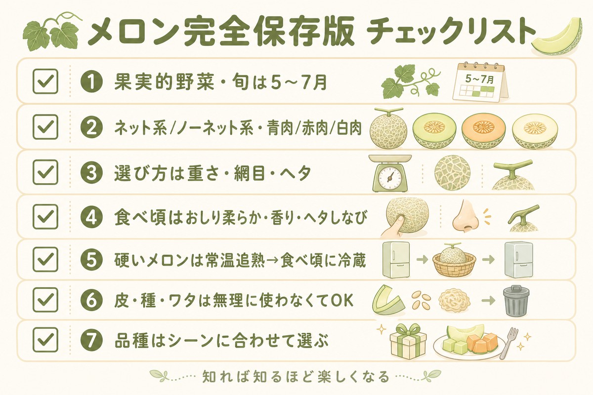 メロン完全保存版チェックリスト ①果実的野菜・旬は5〜7月 ②ネット系/ノーネット系・青肉/赤肉/白肉 ③選び方は重さ・網目・ヘタ ④食べ頃はおしり柔らか・香り・ヘタしなび ⑤硬いメロンは常温追熟→食べ頃に冷蔵 ⑥皮・種・ワタは無理に使わなくてOK ⑦品種はシーンに合わせて選ぶ 知れば知るほど楽しくなる