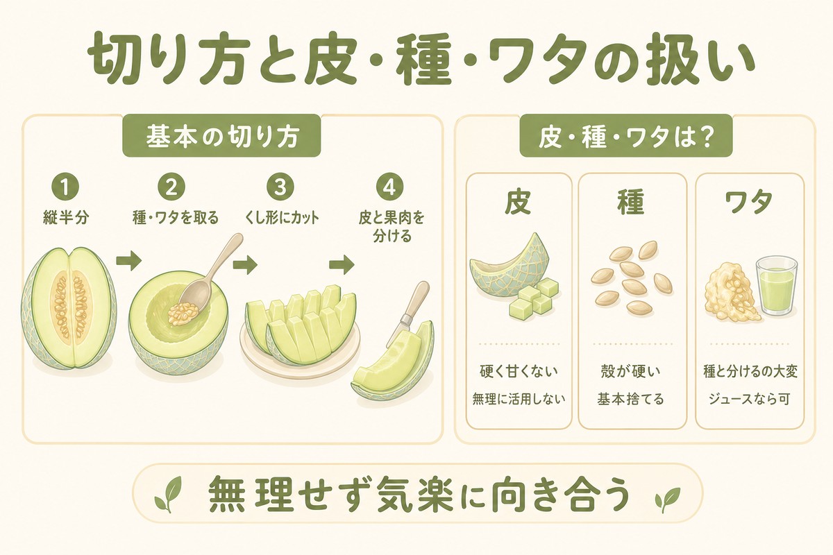 切り方と皮・種・ワタの扱い 基本の切り方：①縦半分→②種ワタを取る→③くし形にカット→④皮と果肉を分ける／皮：硬く甘くない無理に活用しない／種：殻が硬い基本捨てる／ワタ：種と分けるの大変ジュースなら可 無理せず気楽に向き合う