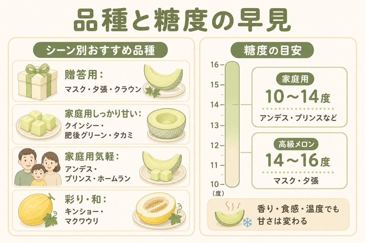 品種と糖度の早見 シーン別おすすめ品種：贈答用（マスク・夕張・クラウン）／家庭用しっかり甘い（クインシー・肥後グリーン・タカミ）／家庭用気軽（アンデス・プリンス・ホームラン）／彩り和（キンショー・マクワウリ） 糖度の目安：家庭用10〜14度・高級メロン14〜16度 香り・食感・温度でも甘さは変わる