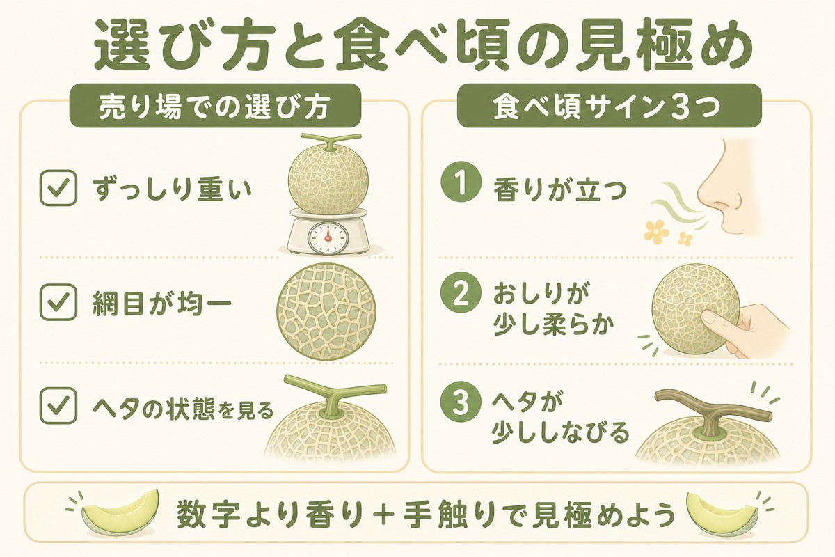 選び方と食べ頃の見極め 売り場での選び方：ずっしり重い・網目が均一・ヘタの状態を見る／食べ頃サイン3つ：①香りが立つ ②おしりが少し柔らか ③ヘタが少ししなびる 数字より香り＋手触りで見極めよう