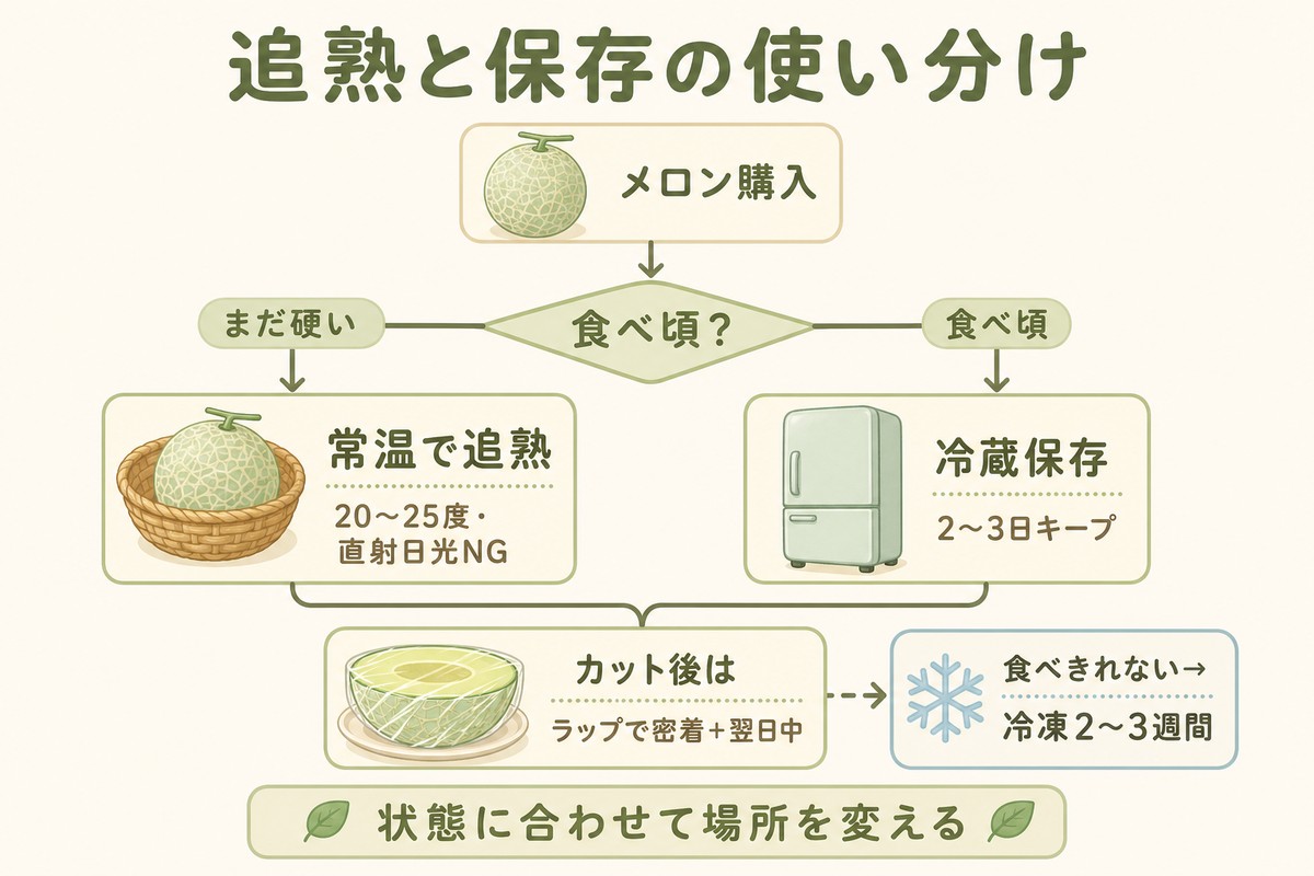 追熟と保存の使い分け メロン購入→食べ頃？分岐 まだ硬い→常温で追熟（20〜25度・直射日光NG）／食べ頃→冷蔵保存（2〜3日キープ）／カット後はラップで密着＋翌日中／食べきれない→冷凍2〜3週間 状態に合わせて場所を変える