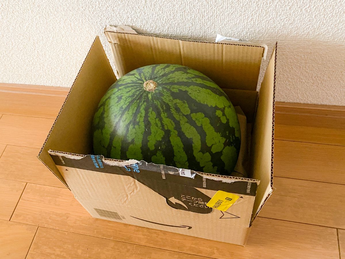 段ボール箱で常温保存される丸ごとスイカの写真