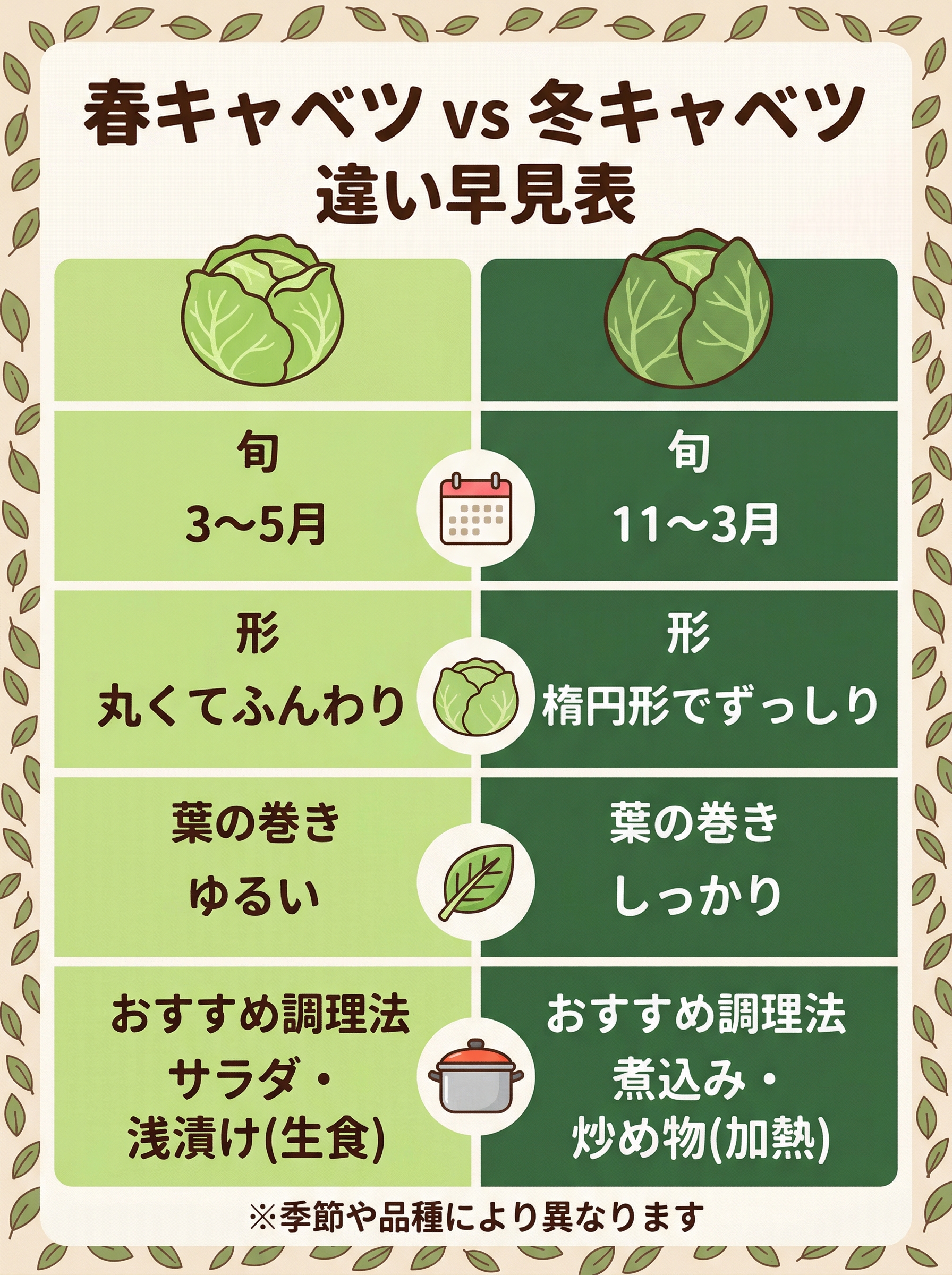 春キャベツと冬キャベツの違い早見表