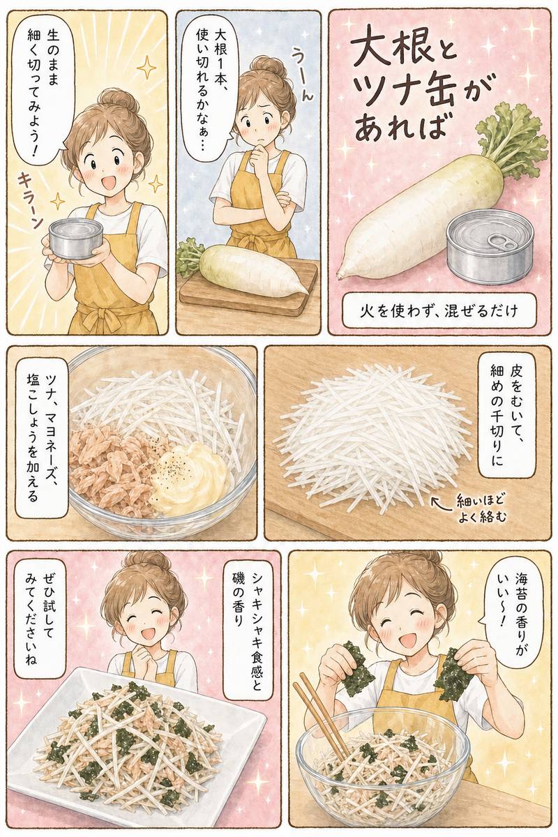 大根とツナ缶の海苔和えの作り方漫画
