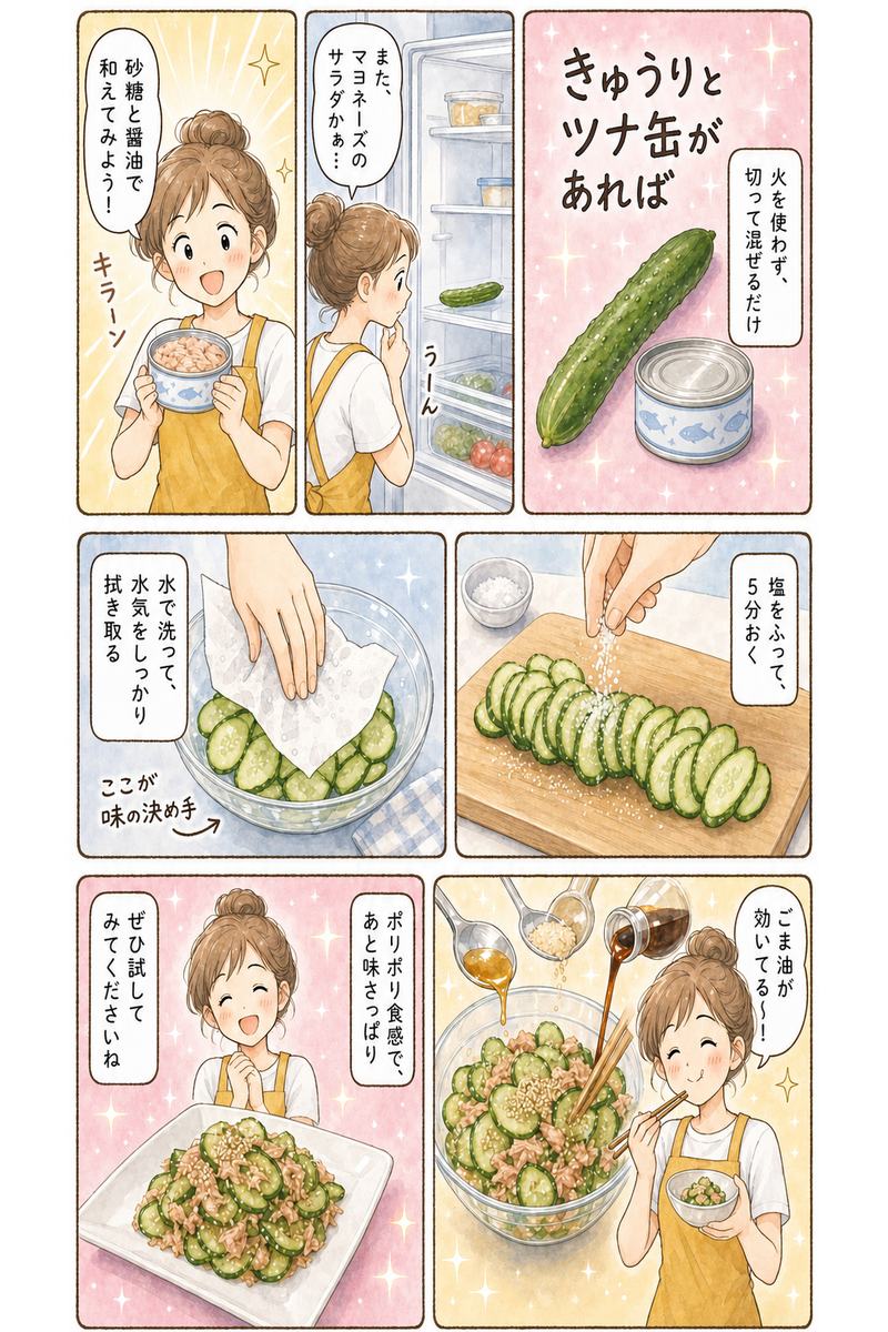 きゅうりとツナ缶の和えものの作り方漫画