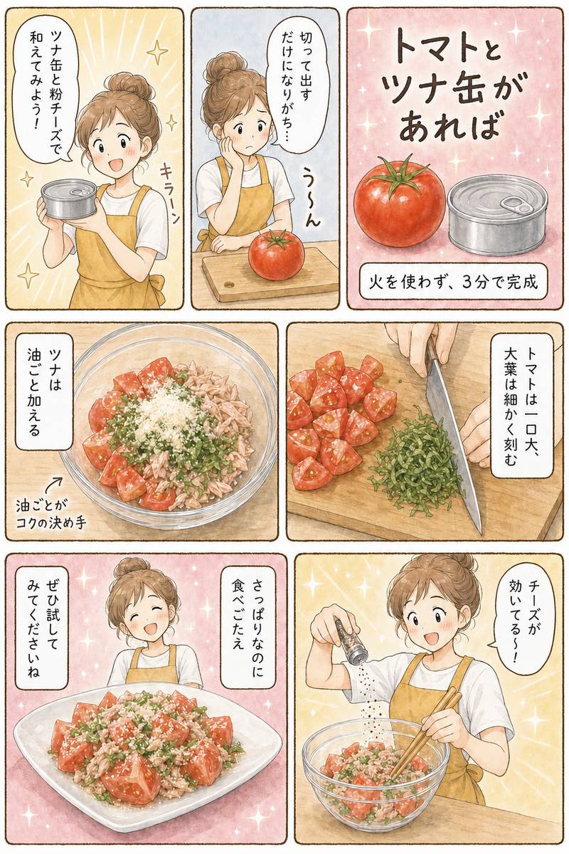 トマトとツナ缶の粉チーズ和えの作り方漫画