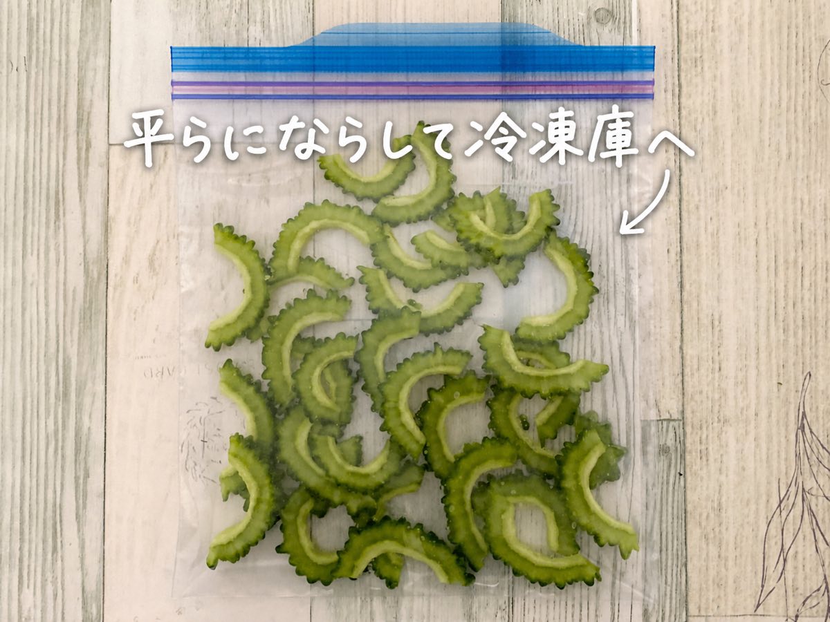 保存袋に入れて平らにならしたゴーヤ