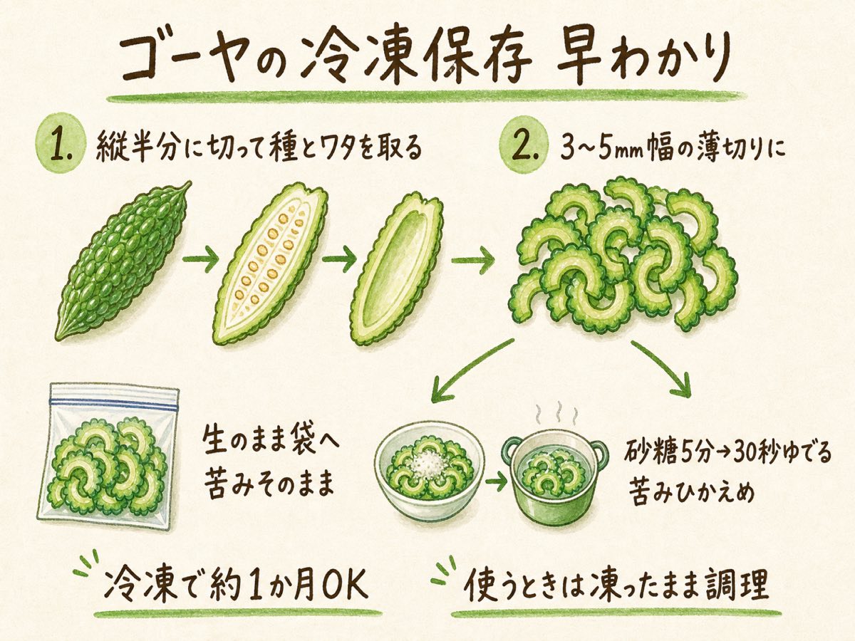 ゴーヤの冷凍保存 早わかりインフォグラフィック