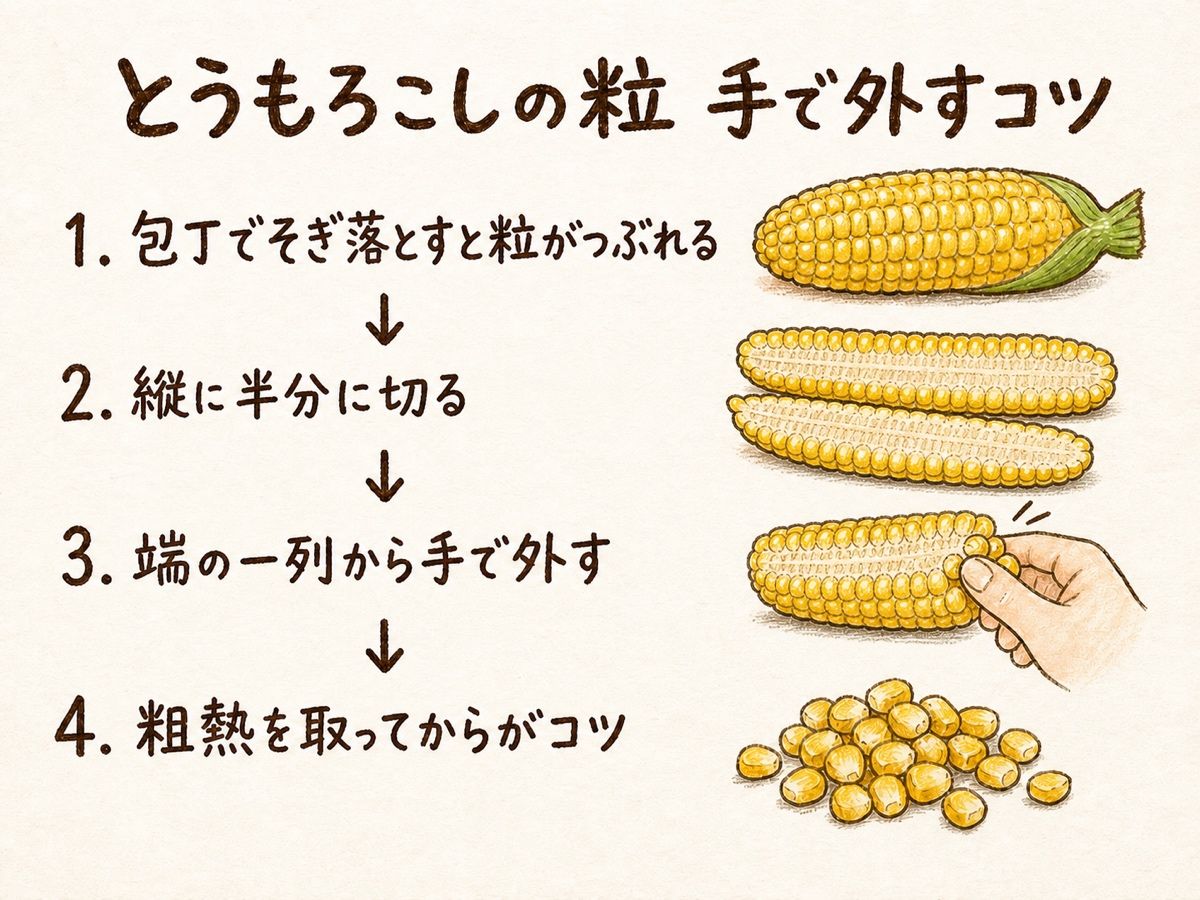 とうもろこしの粒を手で外すコツのまとめ図