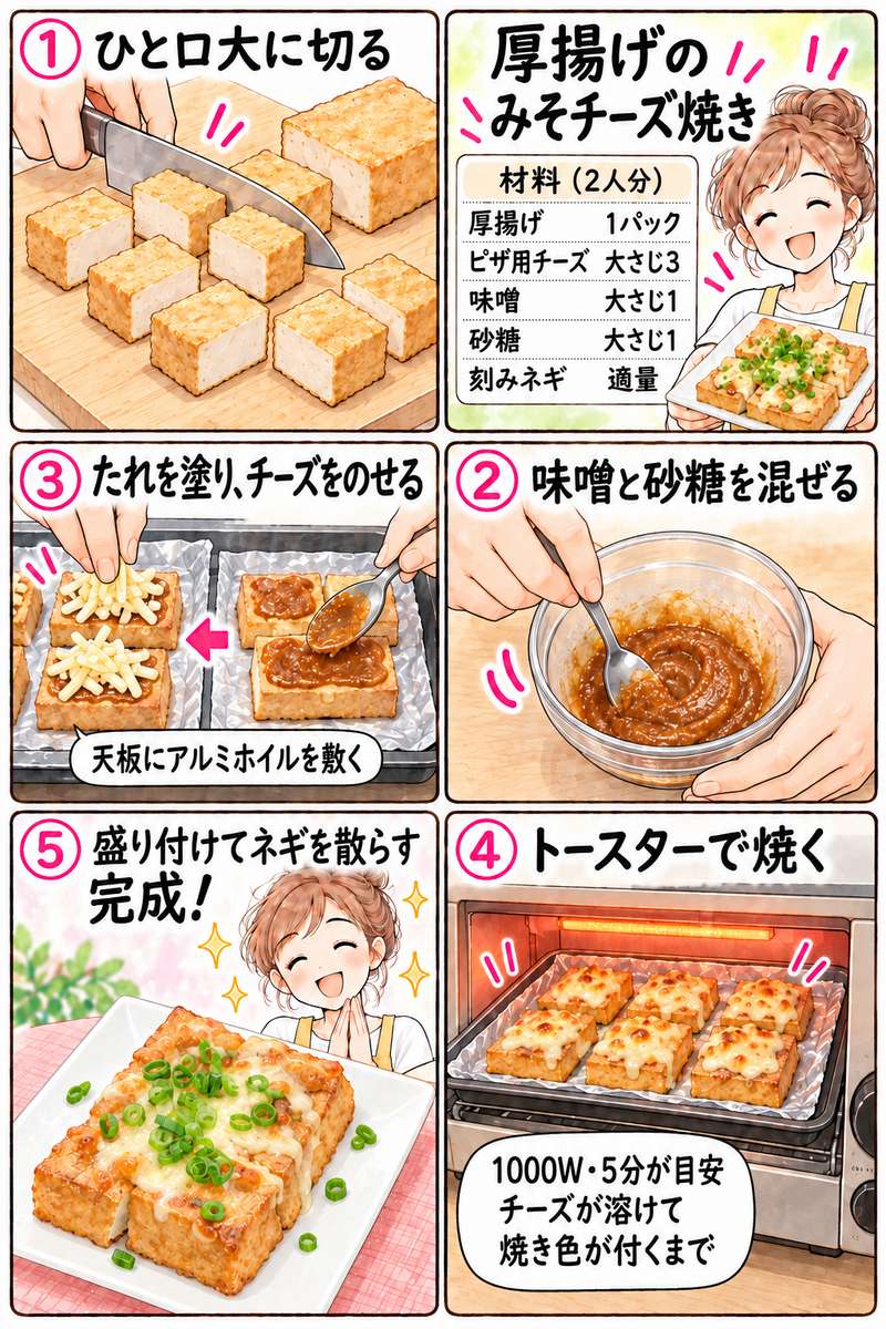 厚揚げのみそチーズ焼きの作り方を紹介する漫画