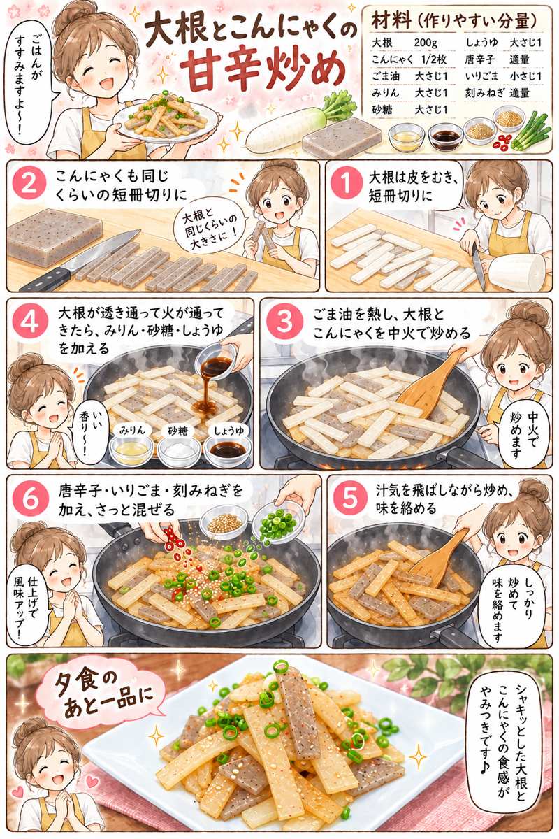 漫画 大根とこんにゃくの甘辛炒め