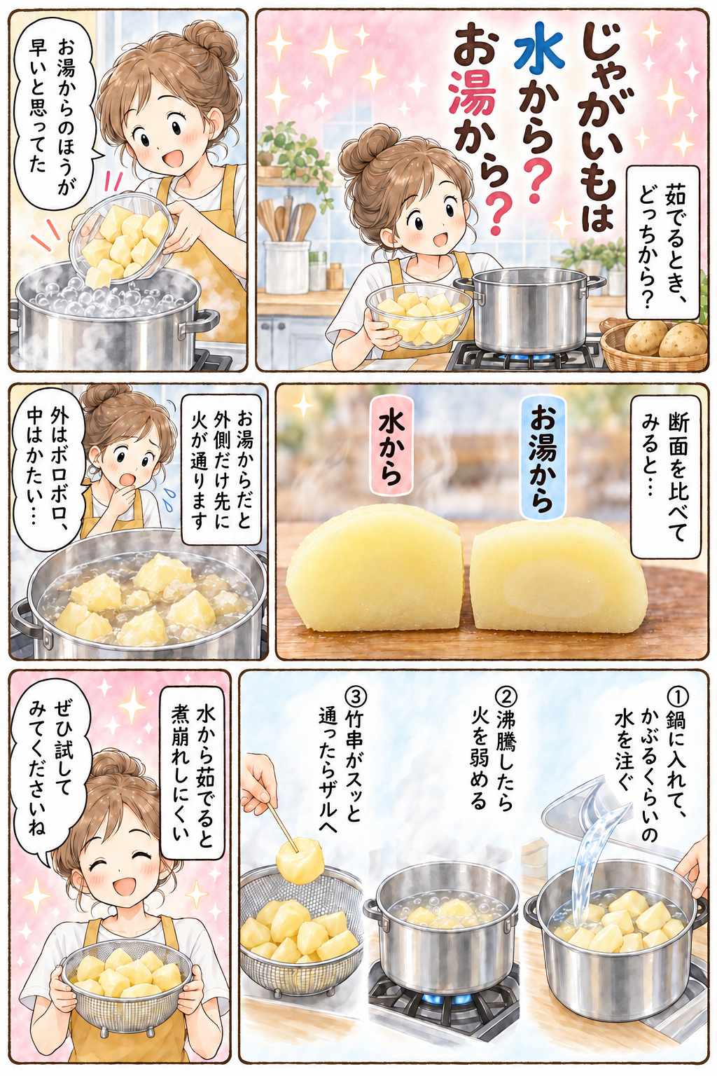 漫画 じゃがいもは水から茹でると煮崩れしにくい