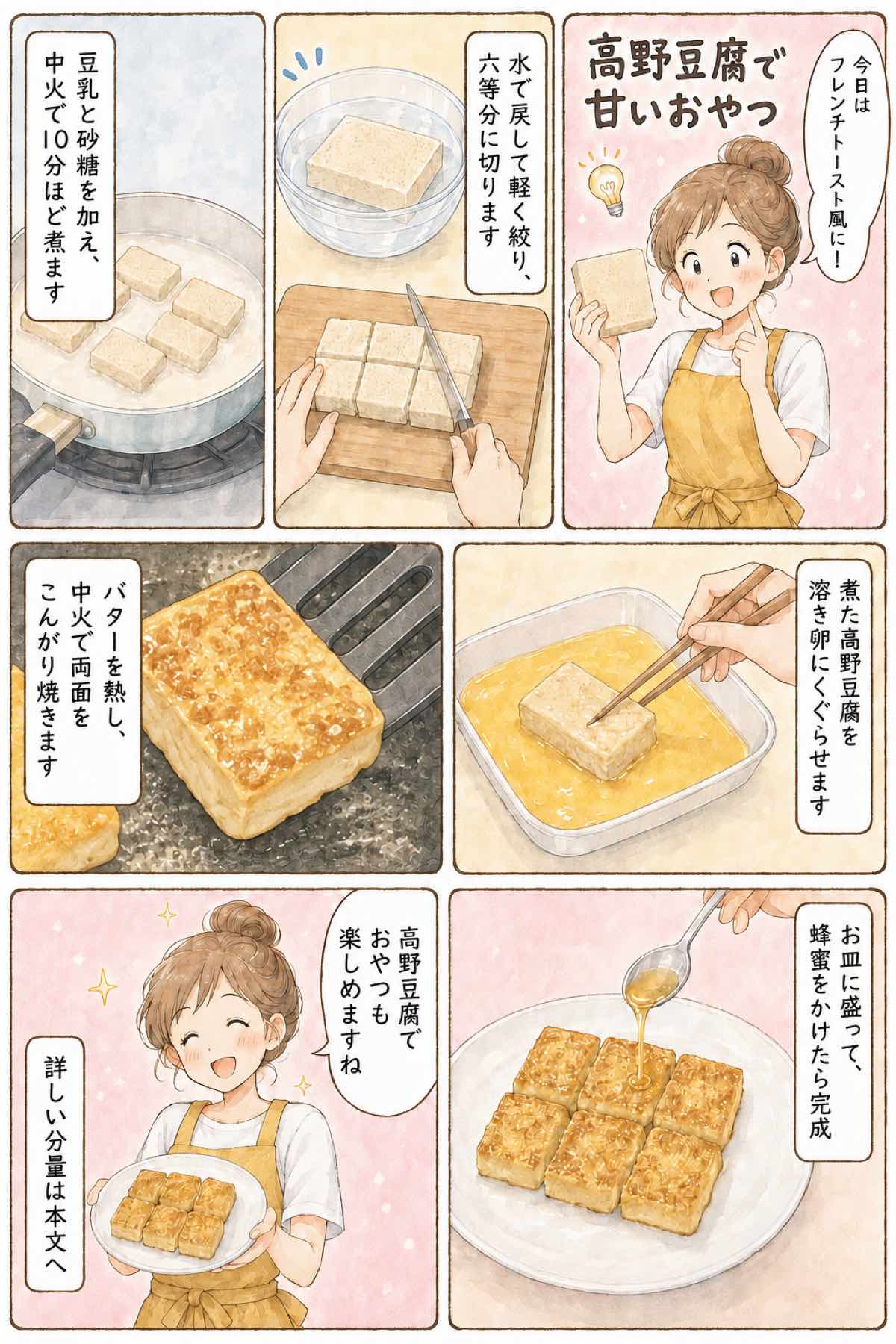高野豆腐のフレンチトースト風おやつの作り方を紹介する7コマ漫画。詳しい分量は本文に記載。