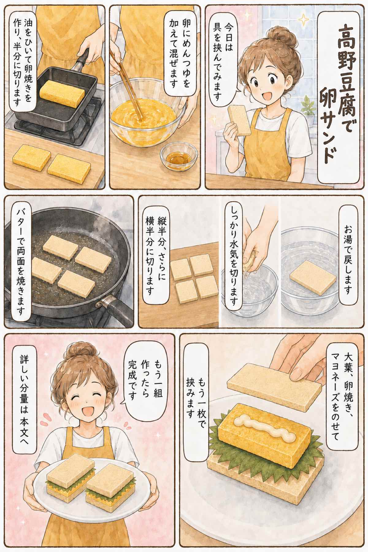 高野豆腐で大葉と卵焼きを挟む卵サンドの作り方を紹介する7コマ漫画。詳しい分量は本文に記載。