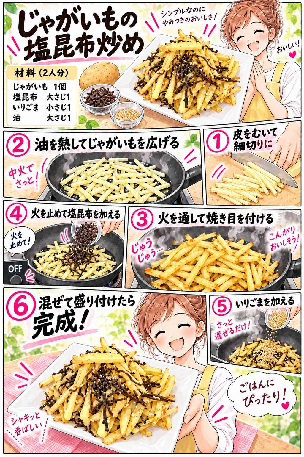 じゃがいもの塩昆布炒めの作り方を紹介する漫画