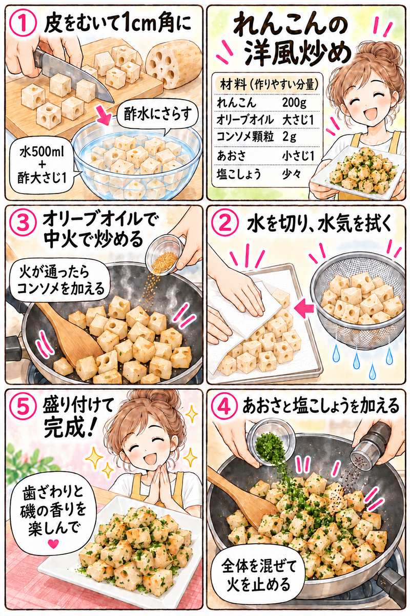 れんこんの洋風炒めの作り方を紹介する漫画