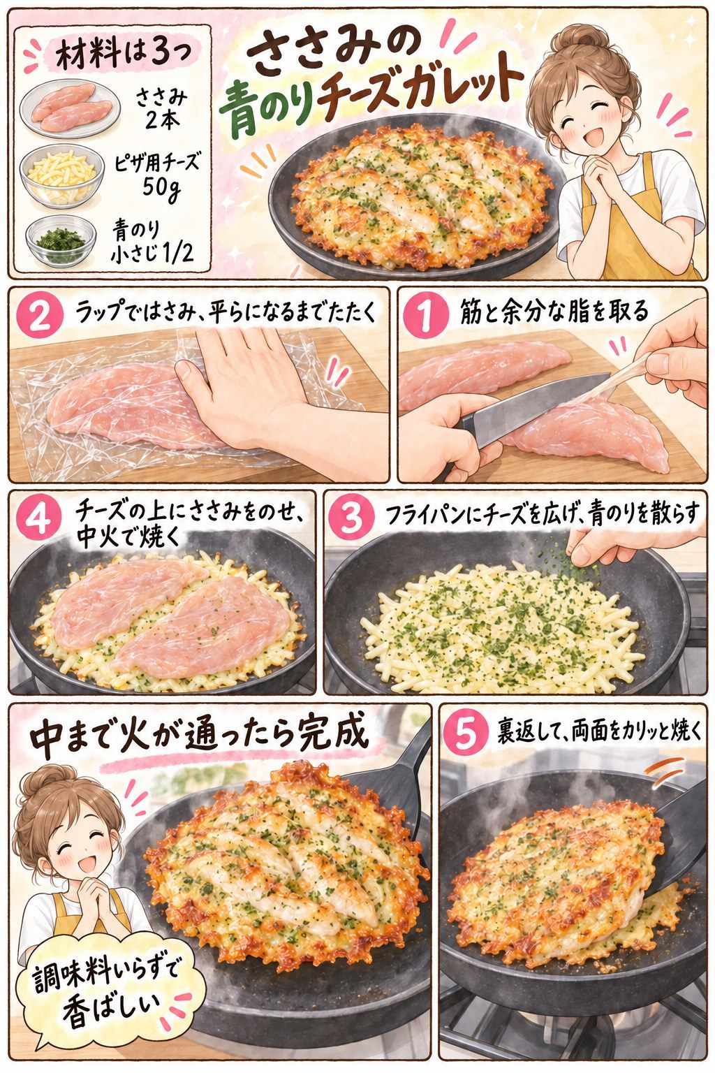 ささみの青のりチーズガレットの作り方を紹介する漫画
