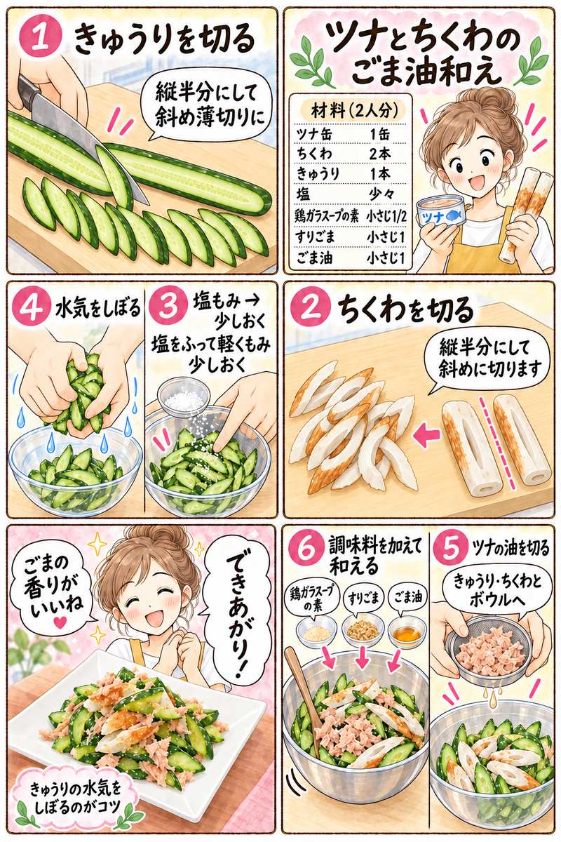 ツナ・ちくわ・きゅうりのごま油和えの材料と作り方を紹介する漫画