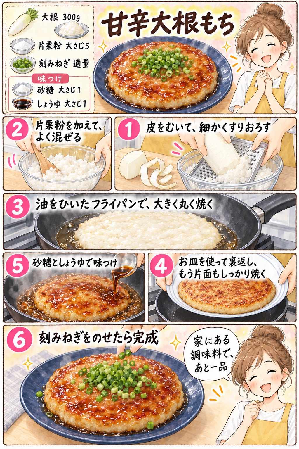 甘辛大根もちの作り方を紹介する漫画