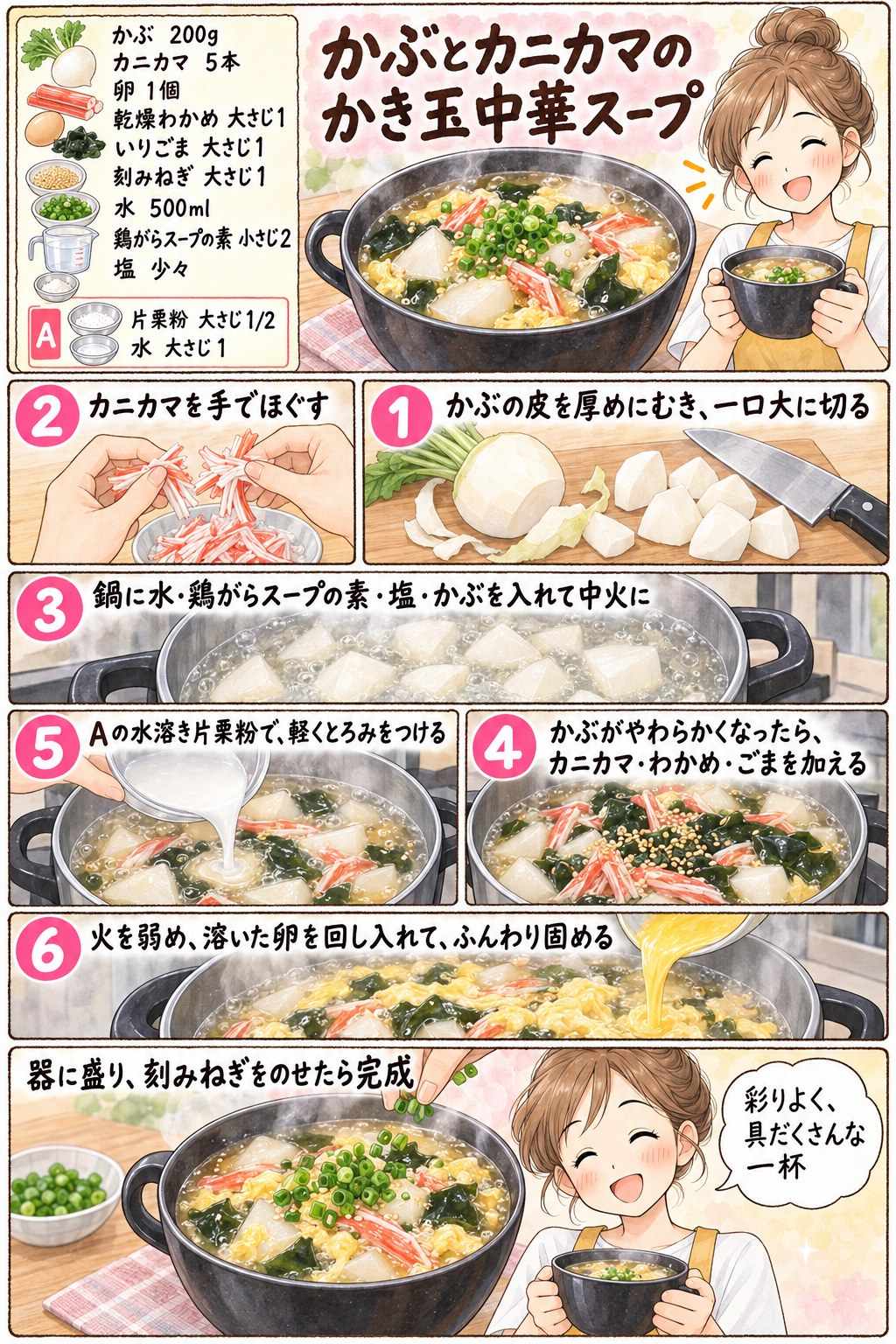 かぶとカニカマのかき玉中華スープの作り方を紹介する漫画