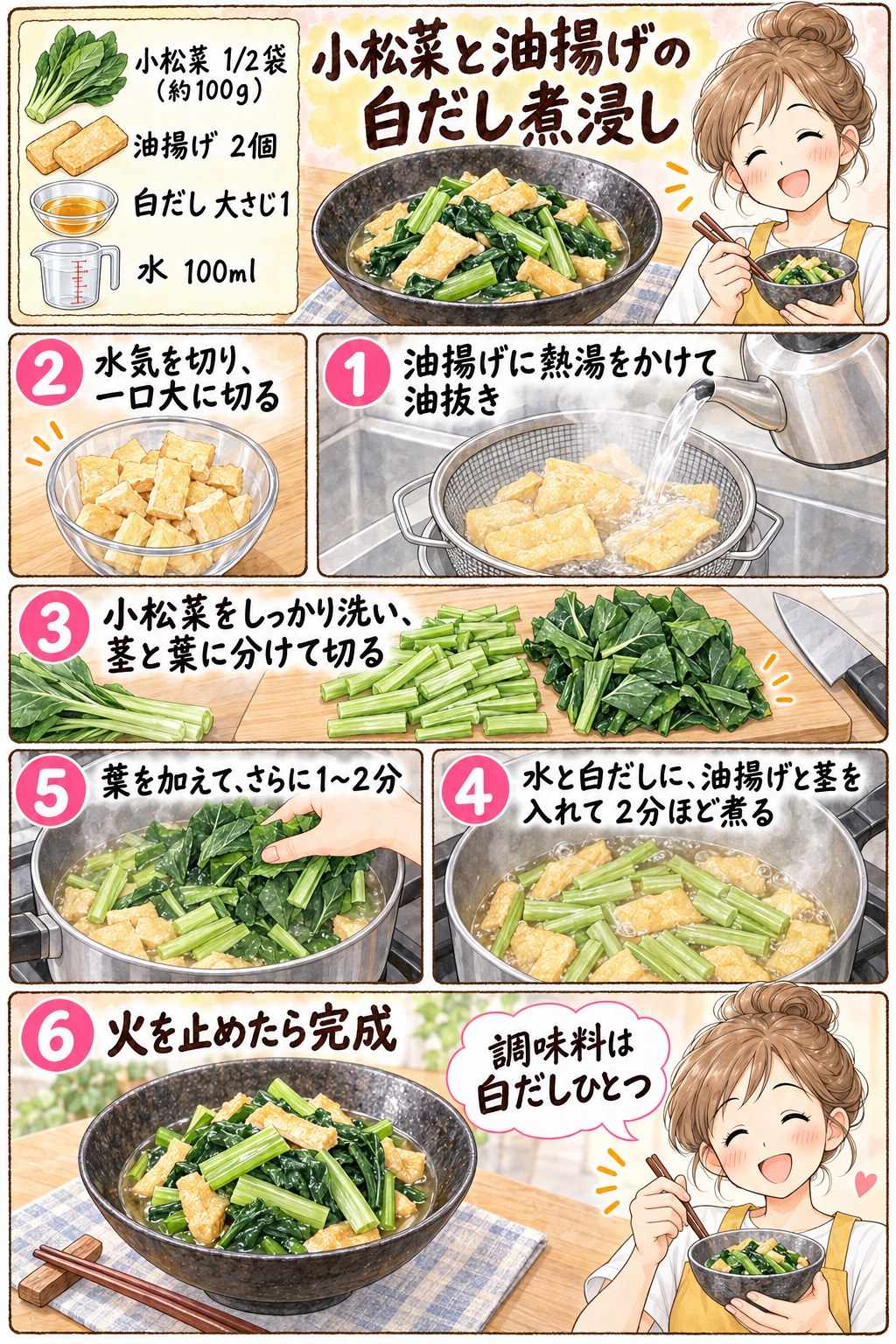小松菜と油揚げの白だし煮浸しの作り方を紹介する漫画