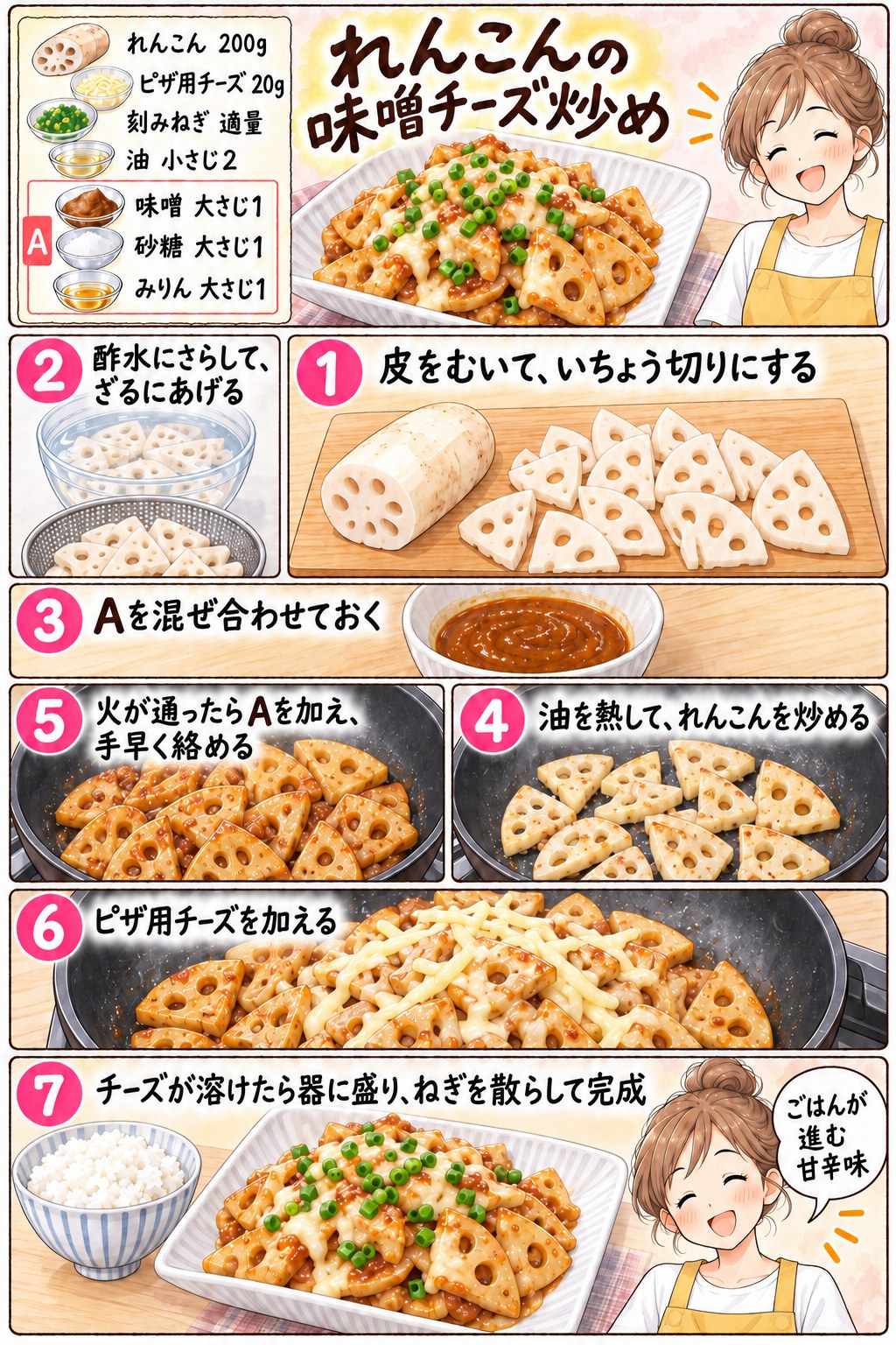 れんこんの味噌チーズ炒めの作り方を紹介する漫画