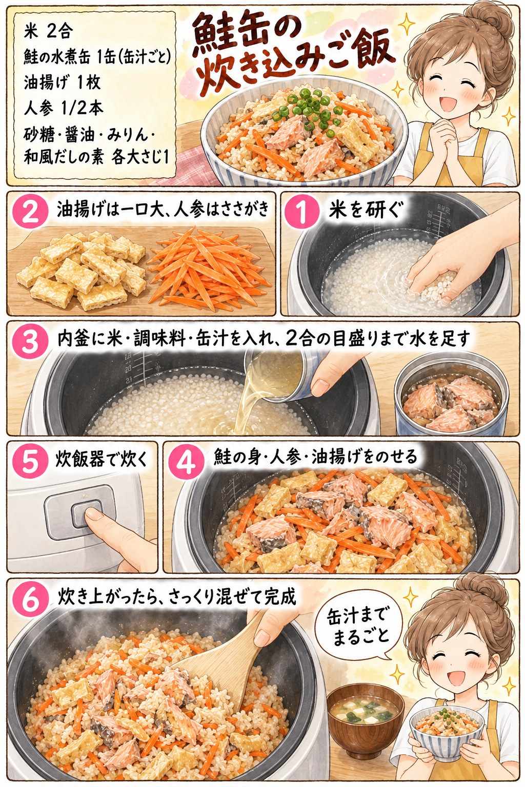 鮭缶の炊き込みご飯の作り方を紹介する漫画