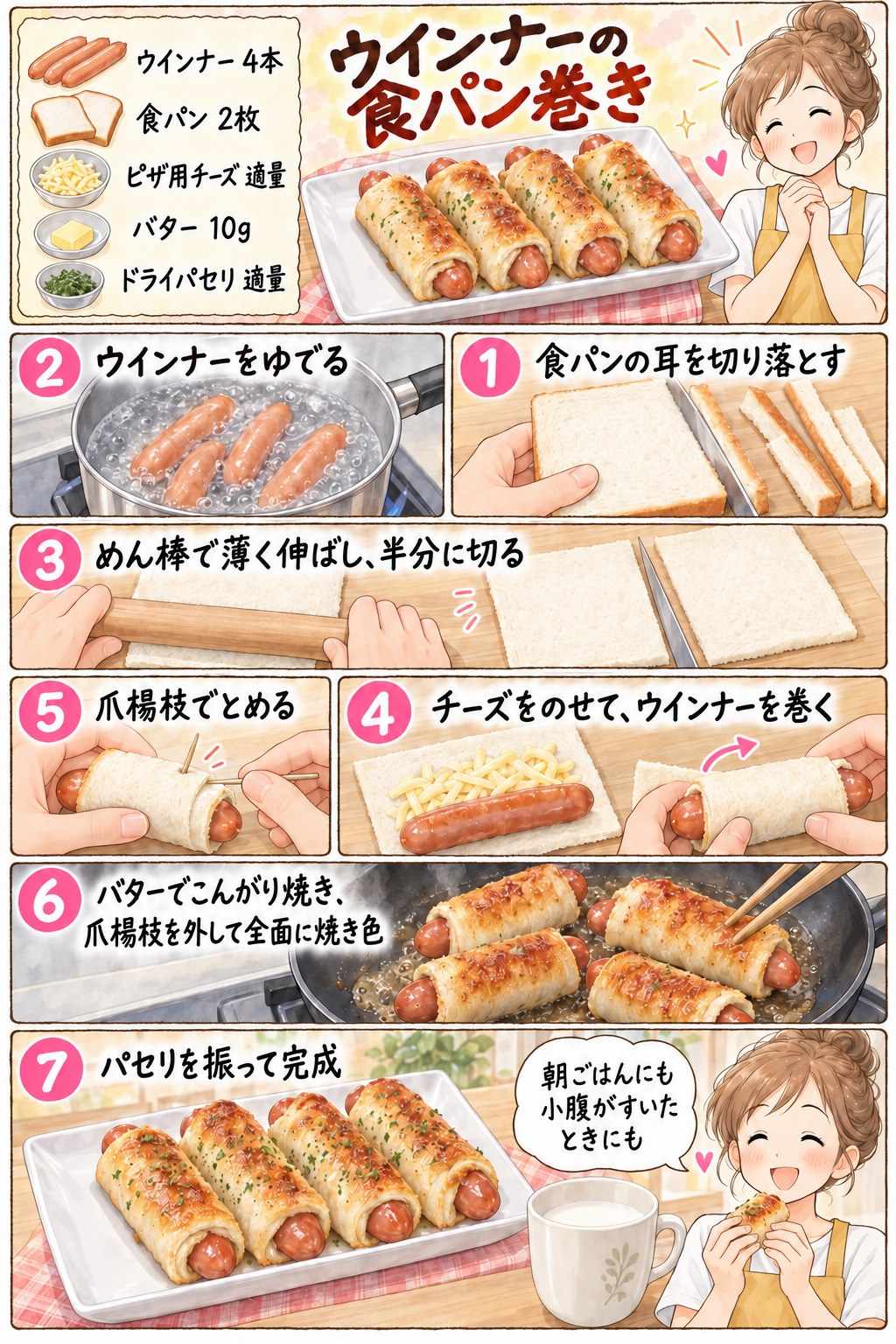 ウインナーの食パン巻きの作り方を紹介する漫画