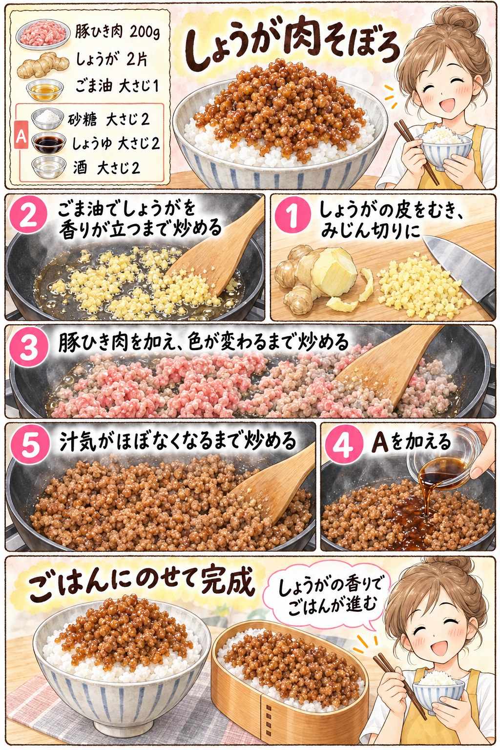 しょうが肉そぼろの作り方を紹介する漫画